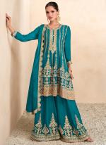 Chinnon Silk Sky Blue Wedding Wear Embroidery Work Readymade Salwar Suit
